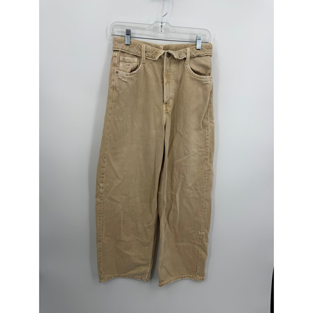 Zara folded Waist Barrel Leg Jeans Womens 2 Tan Khaki Distressed High Rise